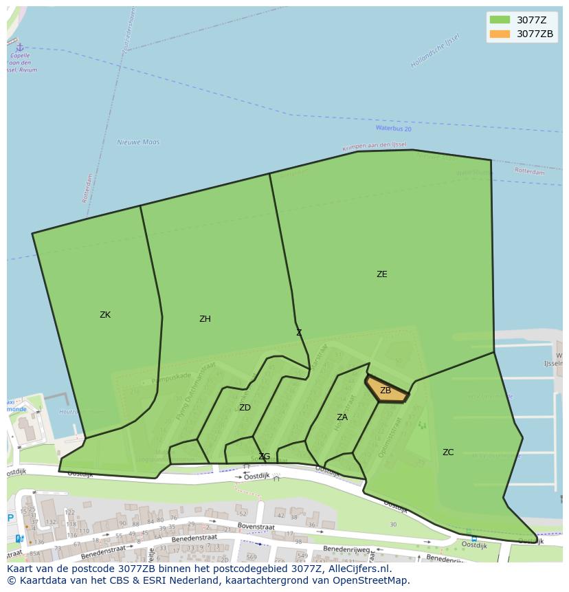 Afbeelding van het postcodegebied 3077 ZB op de kaart.