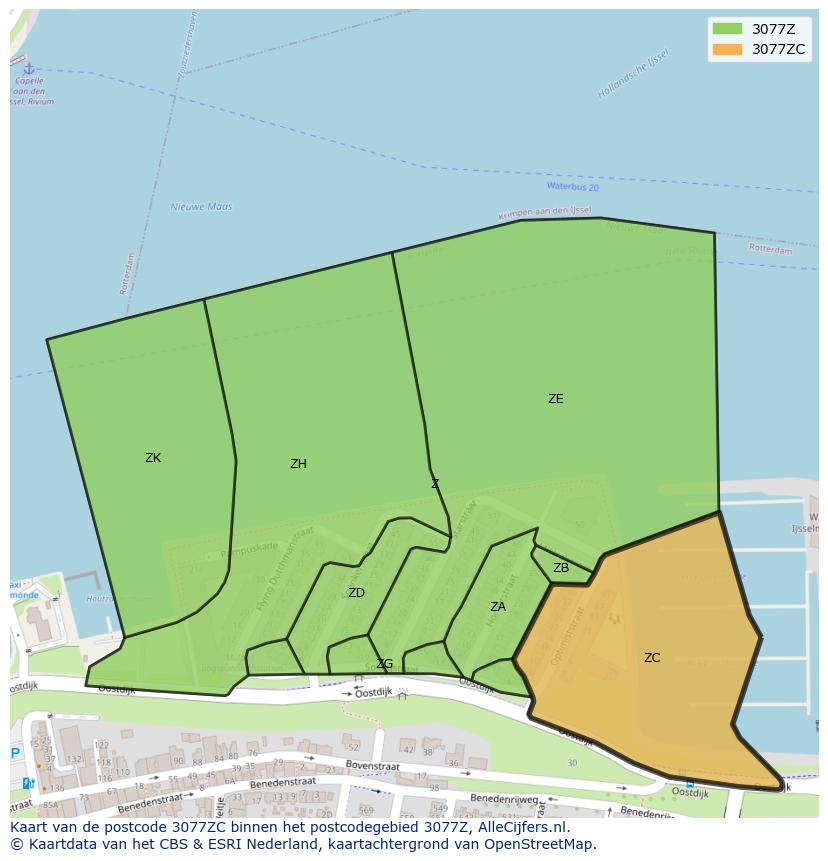 Afbeelding van het postcodegebied 3077 ZC op de kaart.