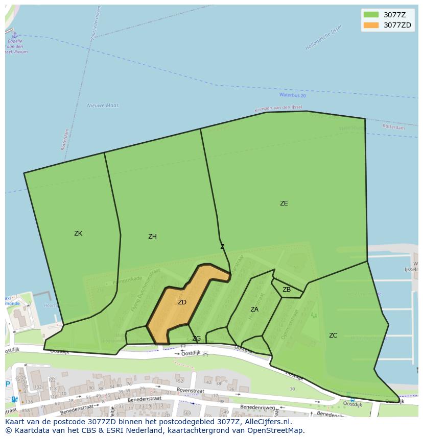 Afbeelding van het postcodegebied 3077 ZD op de kaart.