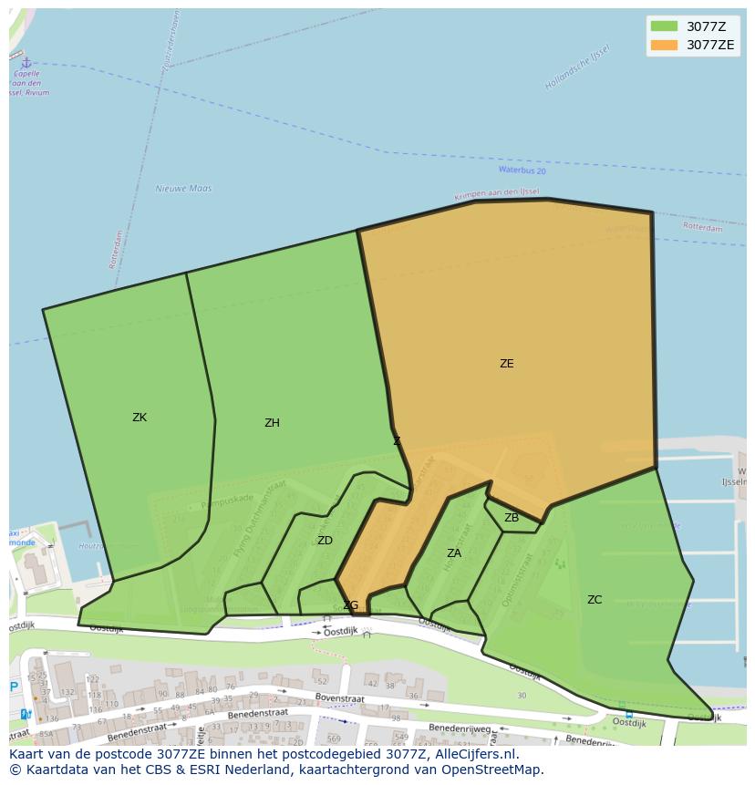 Afbeelding van het postcodegebied 3077 ZE op de kaart.