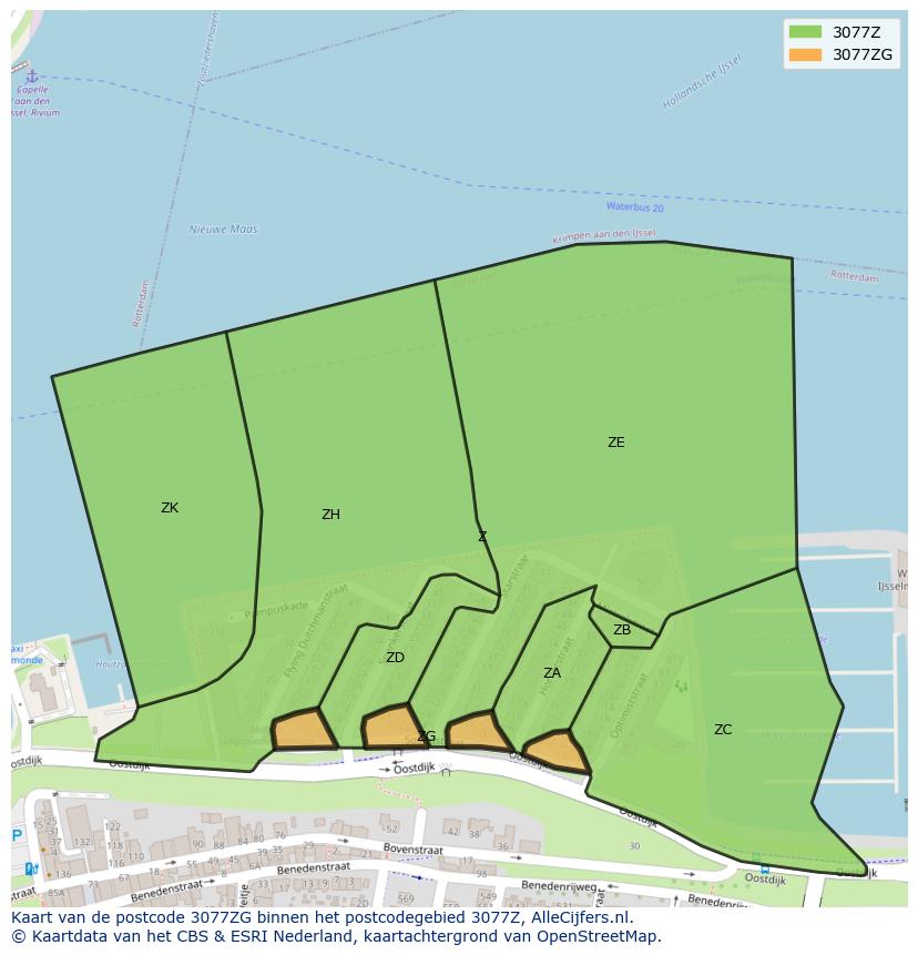 Afbeelding van het postcodegebied 3077 ZG op de kaart.