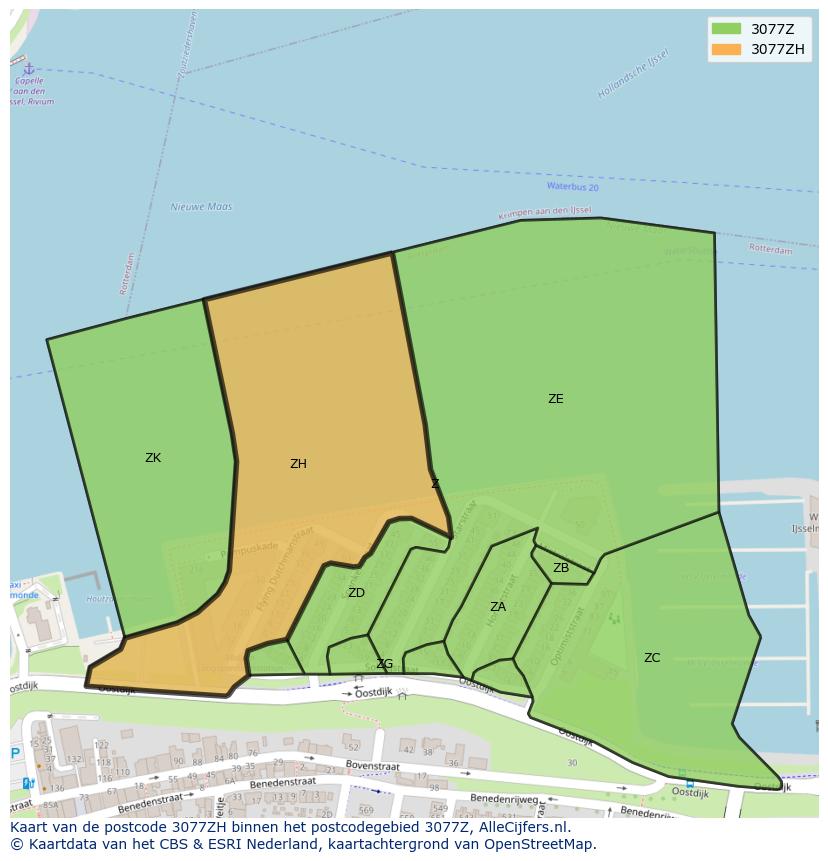 Afbeelding van het postcodegebied 3077 ZH op de kaart.