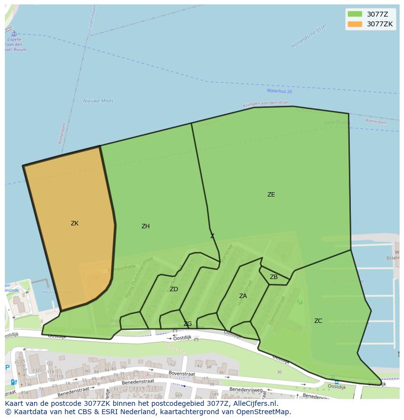 Afbeelding van het postcodegebied 3077 ZK op de kaart.