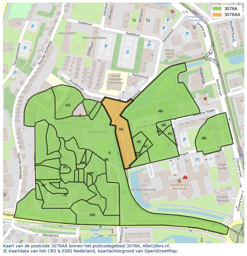 Afbeelding van het postcodegebied 3078 AA op de kaart.