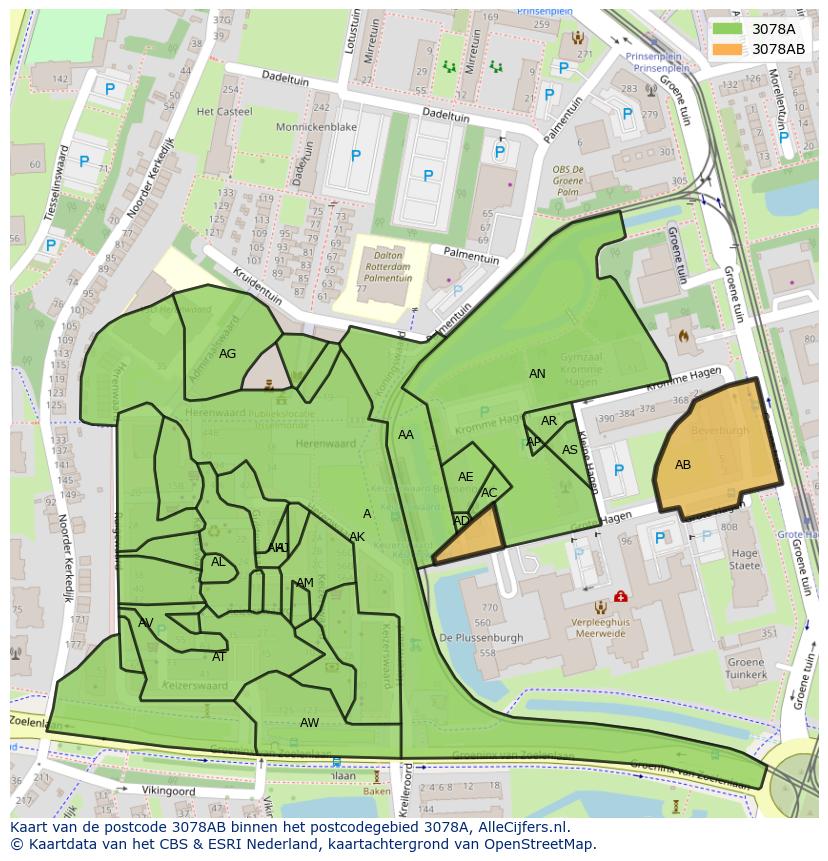 Afbeelding van het postcodegebied 3078 AB op de kaart.
