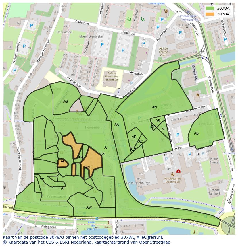 Afbeelding van het postcodegebied 3078 AJ op de kaart.