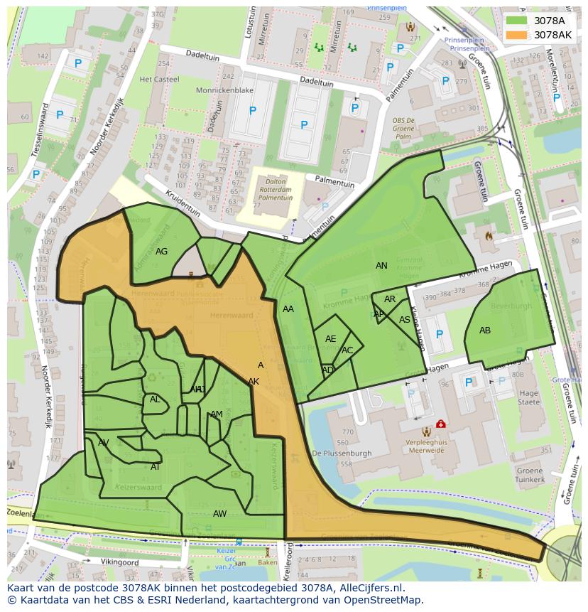Afbeelding van het postcodegebied 3078 AK op de kaart.