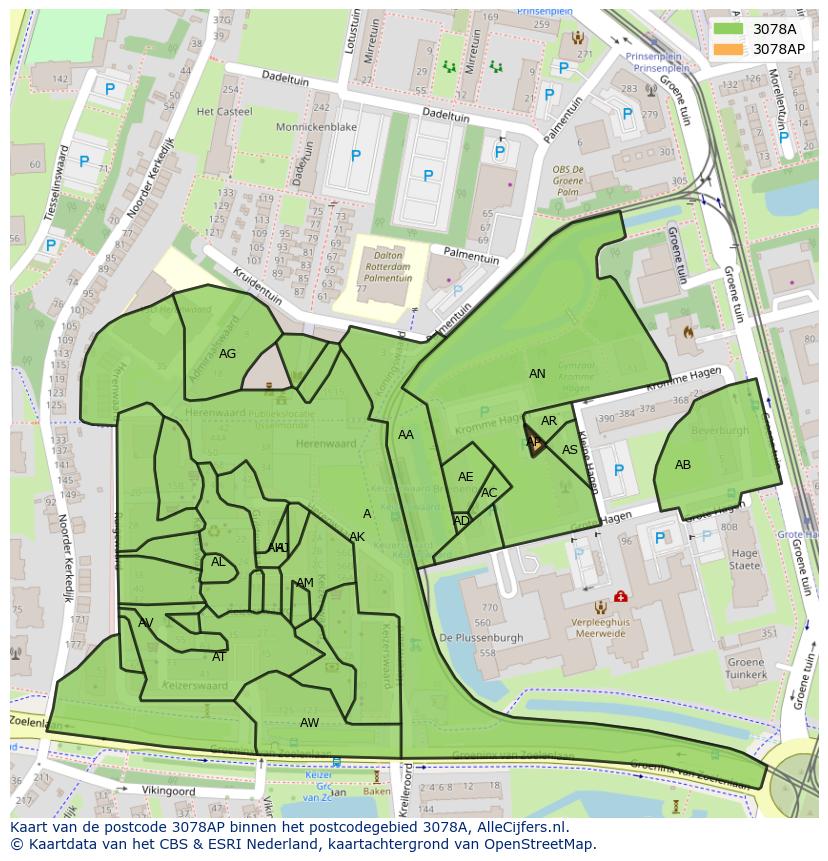 Afbeelding van het postcodegebied 3078 AP op de kaart.
