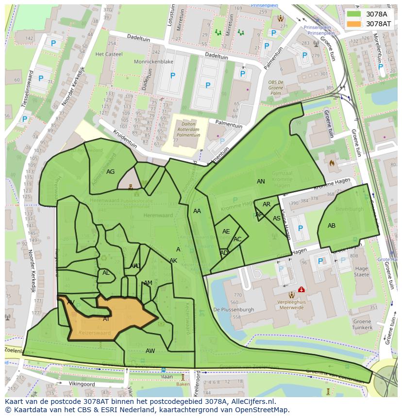 Afbeelding van het postcodegebied 3078 AT op de kaart.