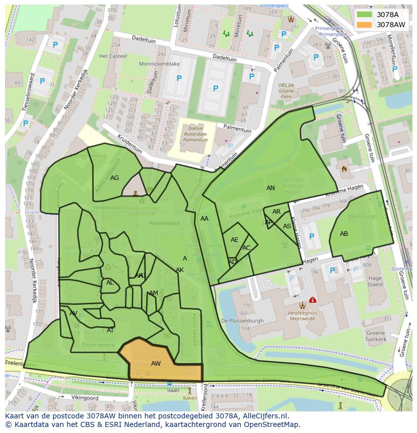 Afbeelding van het postcodegebied 3078 AW op de kaart.