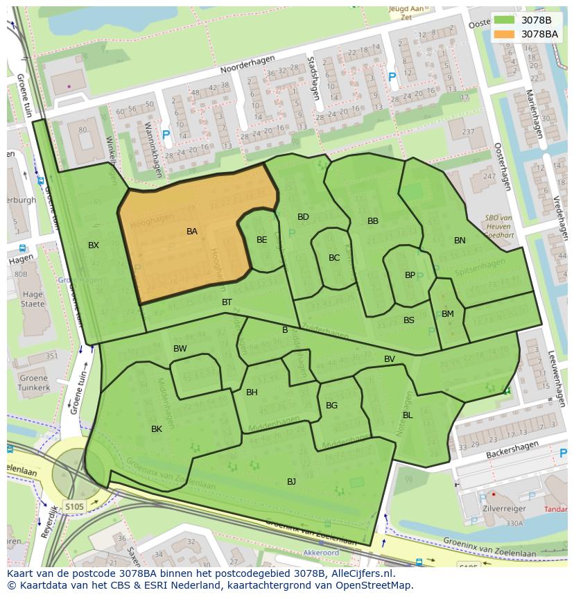Afbeelding van het postcodegebied 3078 BA op de kaart.