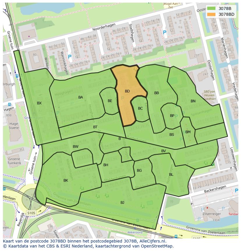 Afbeelding van het postcodegebied 3078 BD op de kaart.