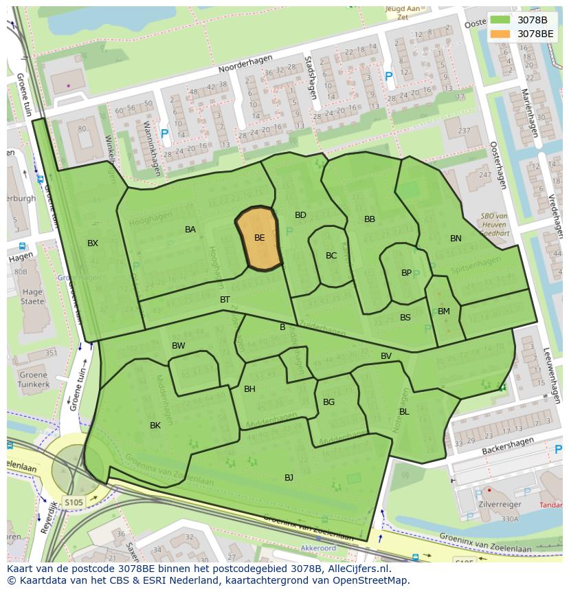 Afbeelding van het postcodegebied 3078 BE op de kaart.