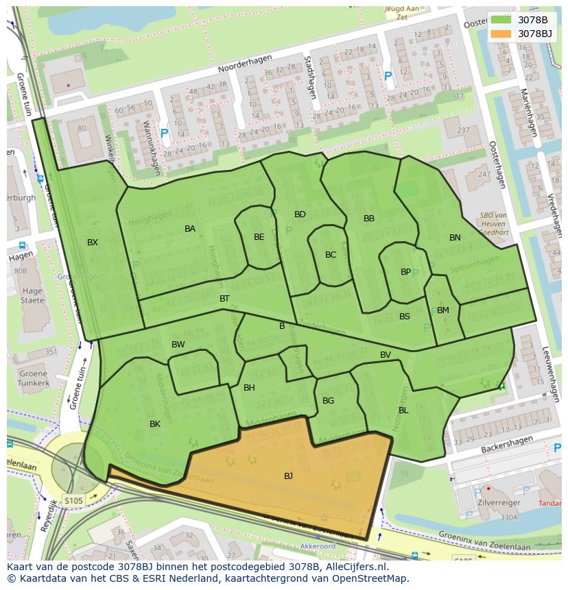 Afbeelding van het postcodegebied 3078 BJ op de kaart.
