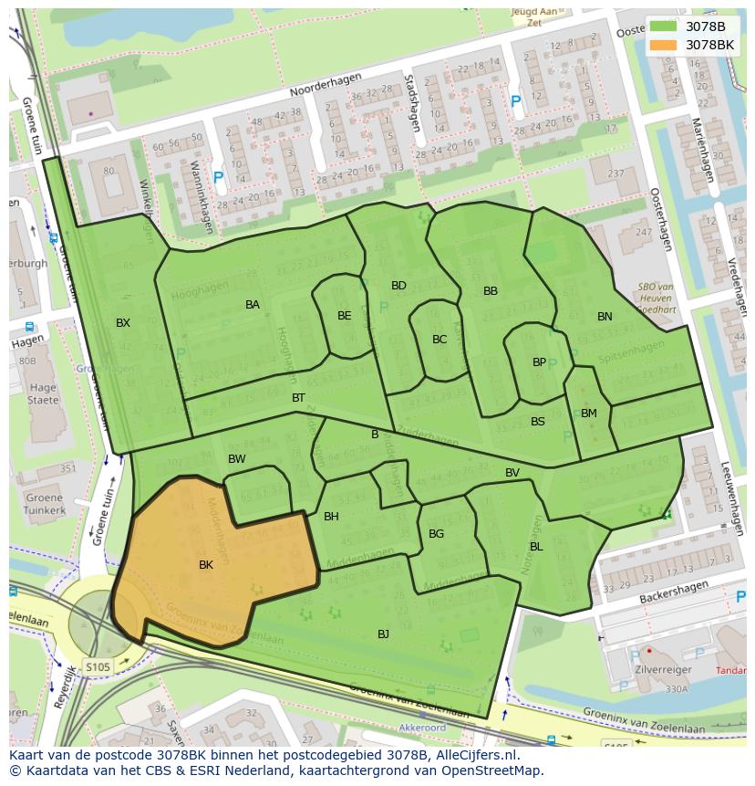 Afbeelding van het postcodegebied 3078 BK op de kaart.