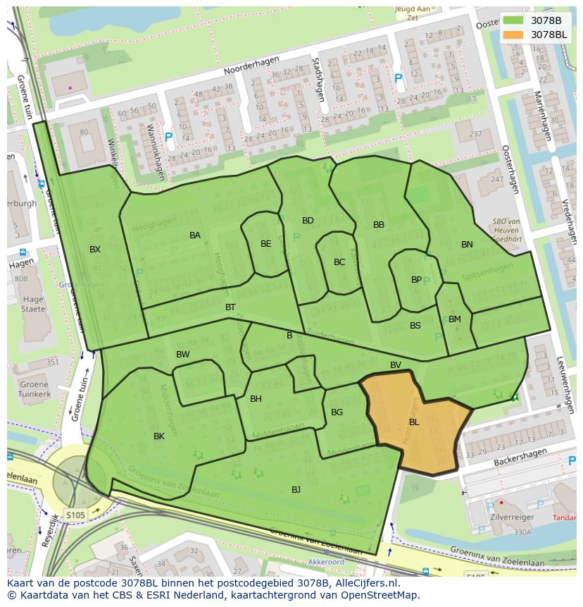Afbeelding van het postcodegebied 3078 BL op de kaart.