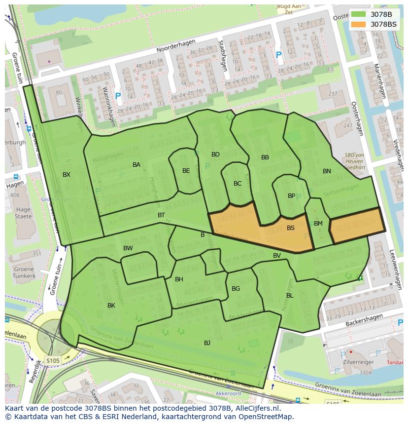 Afbeelding van het postcodegebied 3078 BS op de kaart.