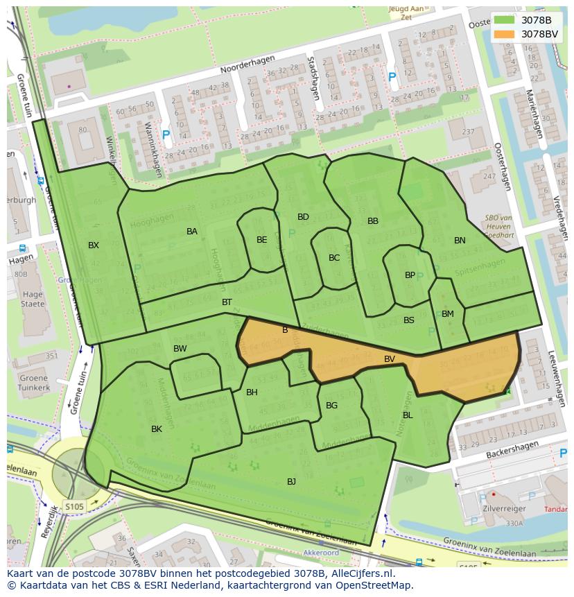 Afbeelding van het postcodegebied 3078 BV op de kaart.