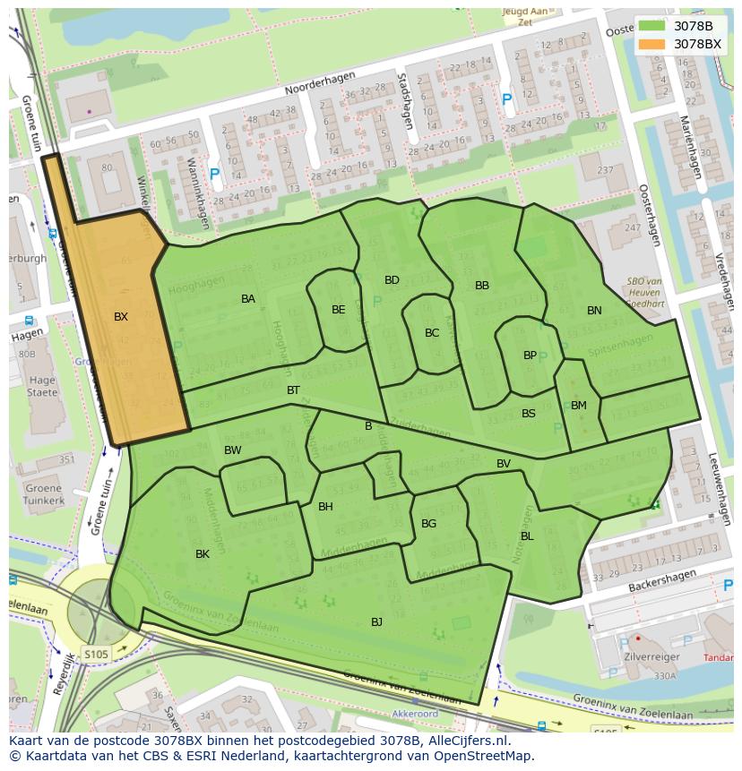 Afbeelding van het postcodegebied 3078 BX op de kaart.