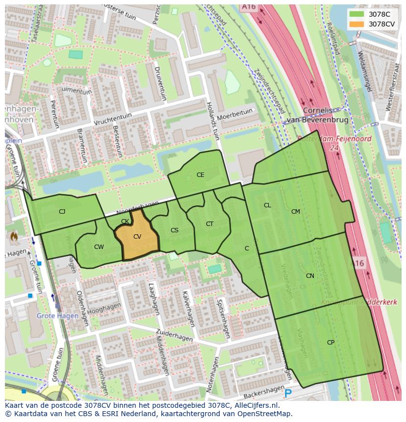 Afbeelding van het postcodegebied 3078 CV op de kaart.