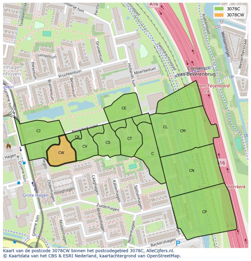 Afbeelding van het postcodegebied 3078 CW op de kaart.