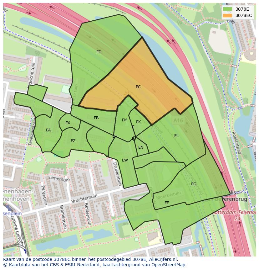 Afbeelding van het postcodegebied 3078 EC op de kaart.