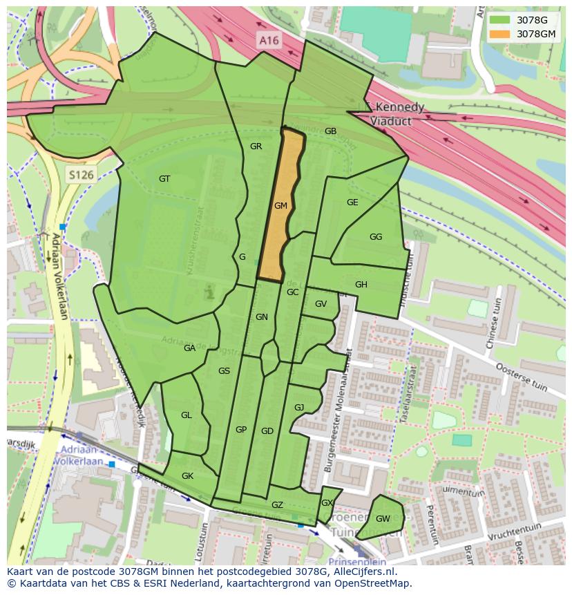 Afbeelding van het postcodegebied 3078 GM op de kaart.