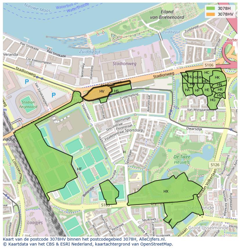 Afbeelding van het postcodegebied 3078 HV op de kaart.