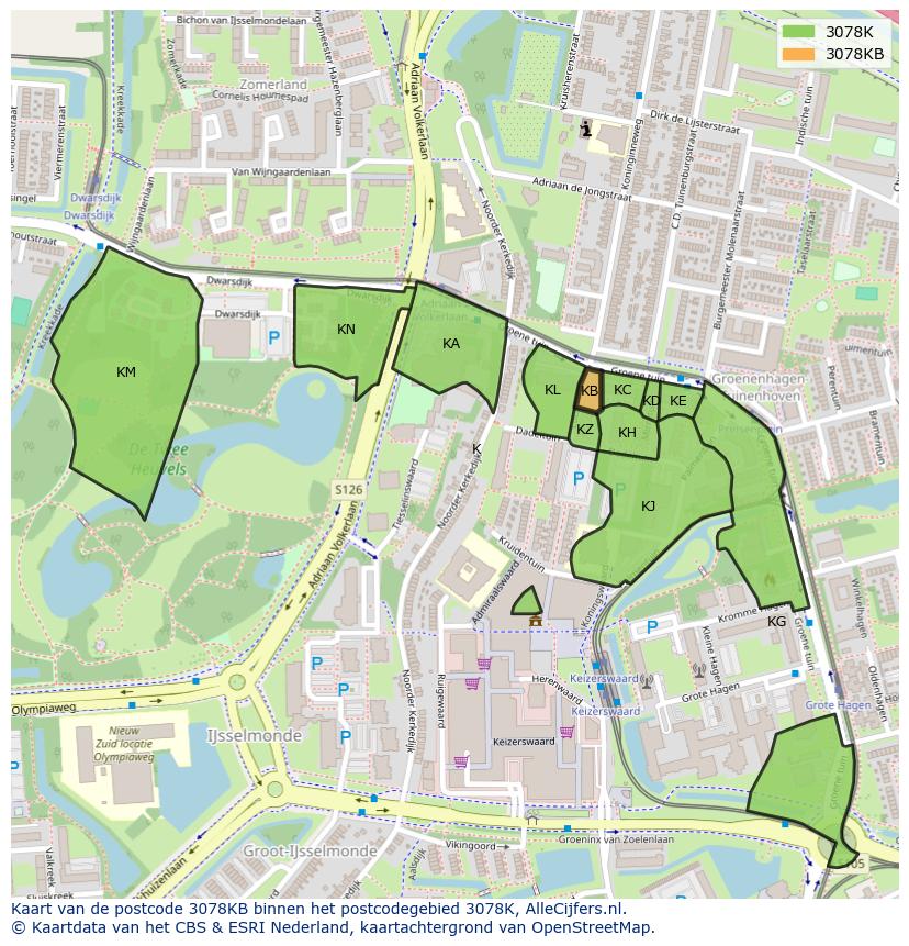 Afbeelding van het postcodegebied 3078 KB op de kaart.