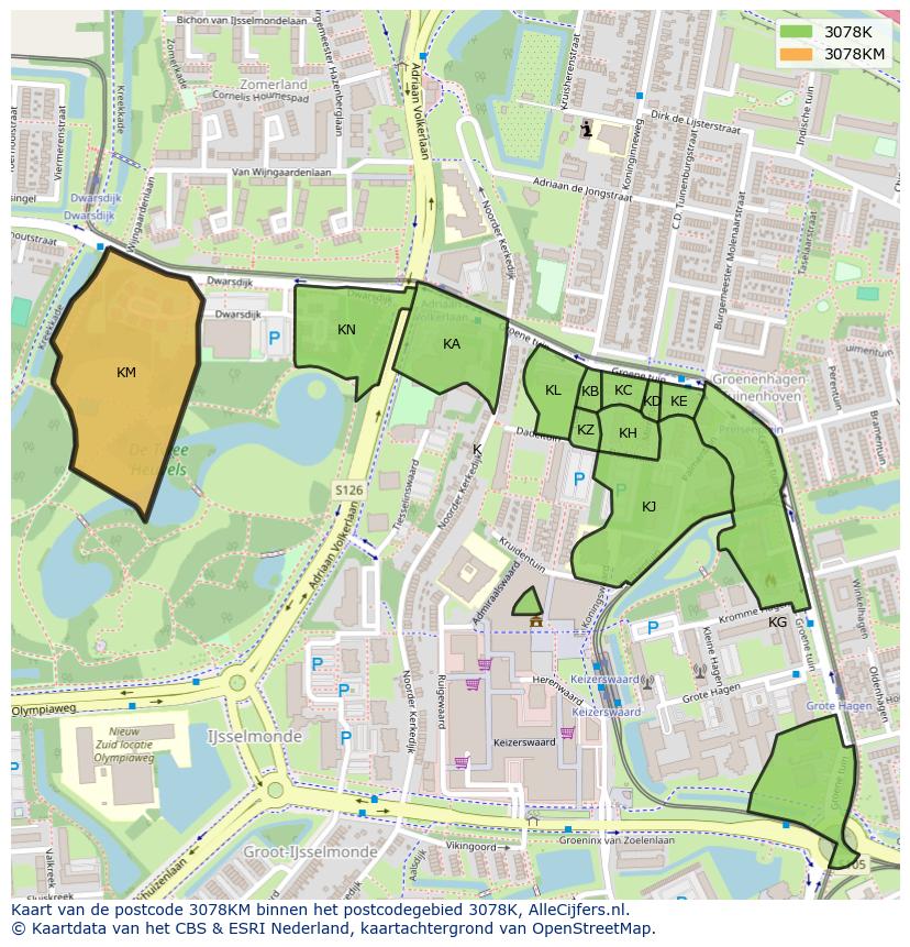 Afbeelding van het postcodegebied 3078 KM op de kaart.