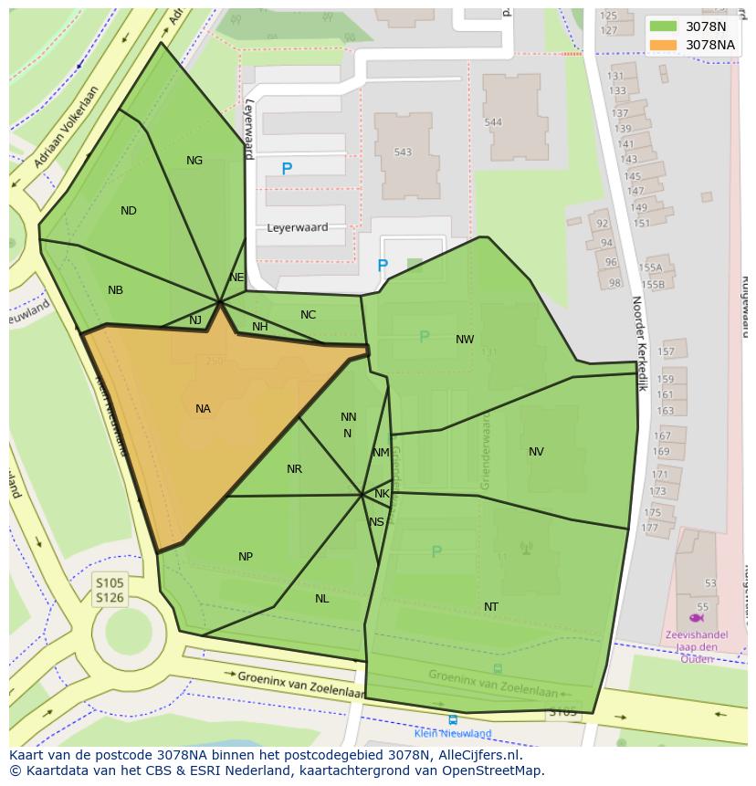 Afbeelding van het postcodegebied 3078 NA op de kaart.