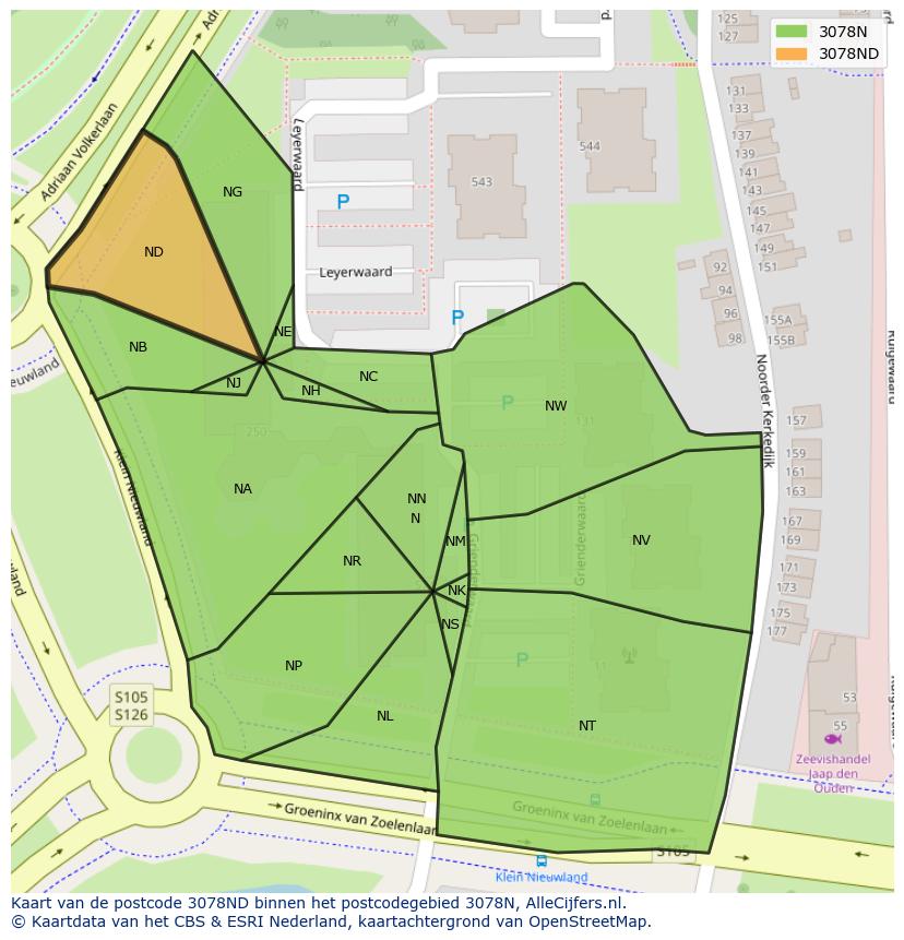 Afbeelding van het postcodegebied 3078 ND op de kaart.