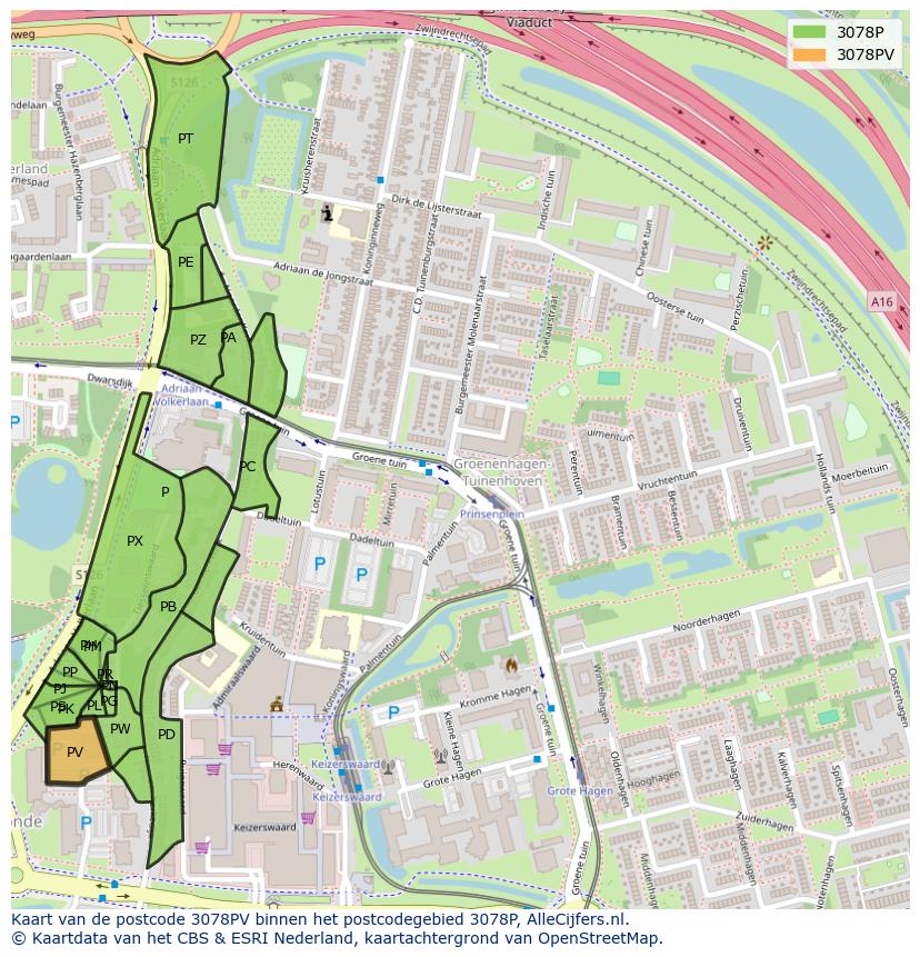 Afbeelding van het postcodegebied 3078 PV op de kaart.