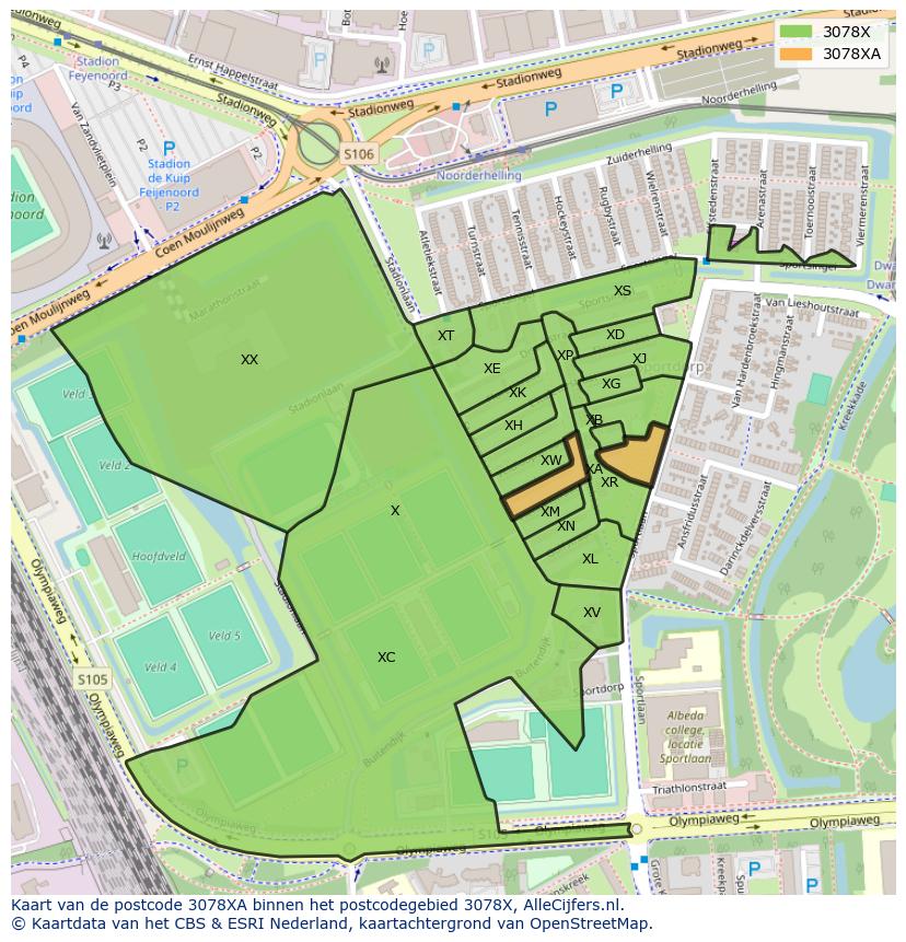 Afbeelding van het postcodegebied 3078 XA op de kaart.