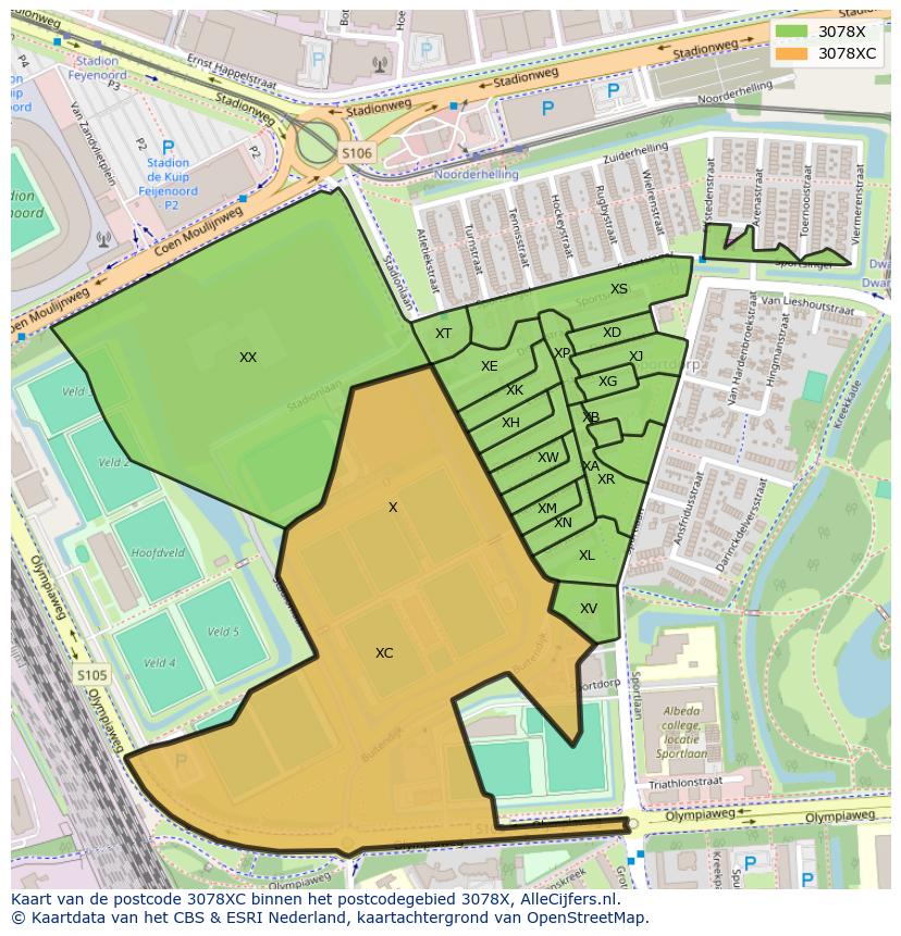 Afbeelding van het postcodegebied 3078 XC op de kaart.