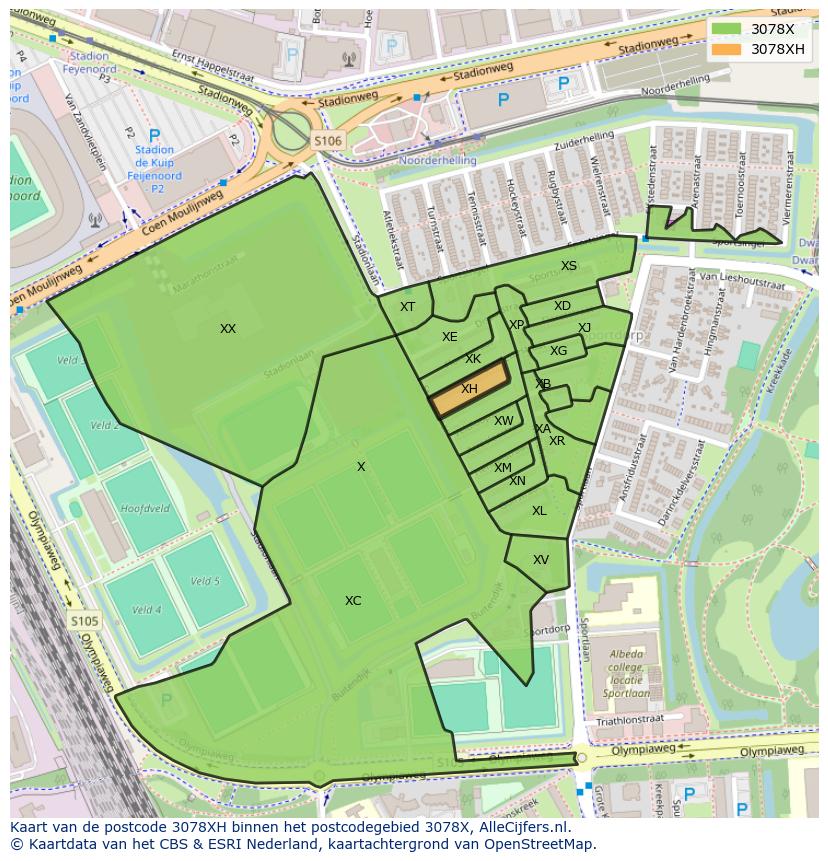 Afbeelding van het postcodegebied 3078 XH op de kaart.