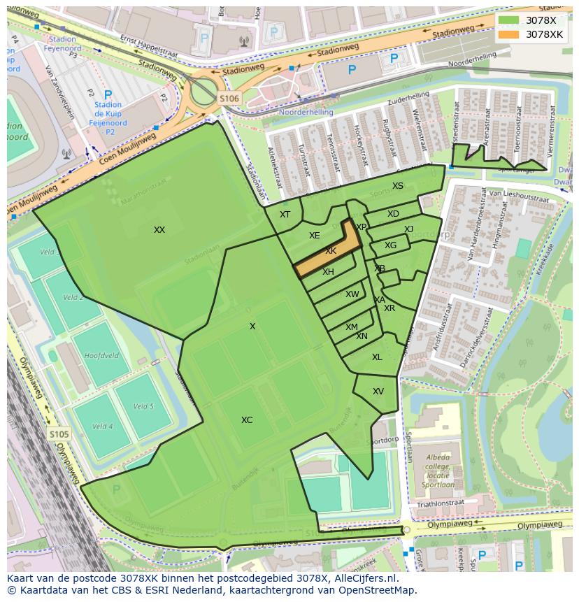 Afbeelding van het postcodegebied 3078 XK op de kaart.
