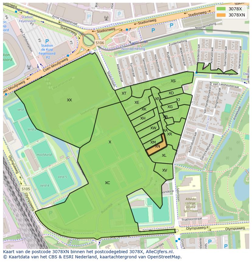 Afbeelding van het postcodegebied 3078 XN op de kaart.