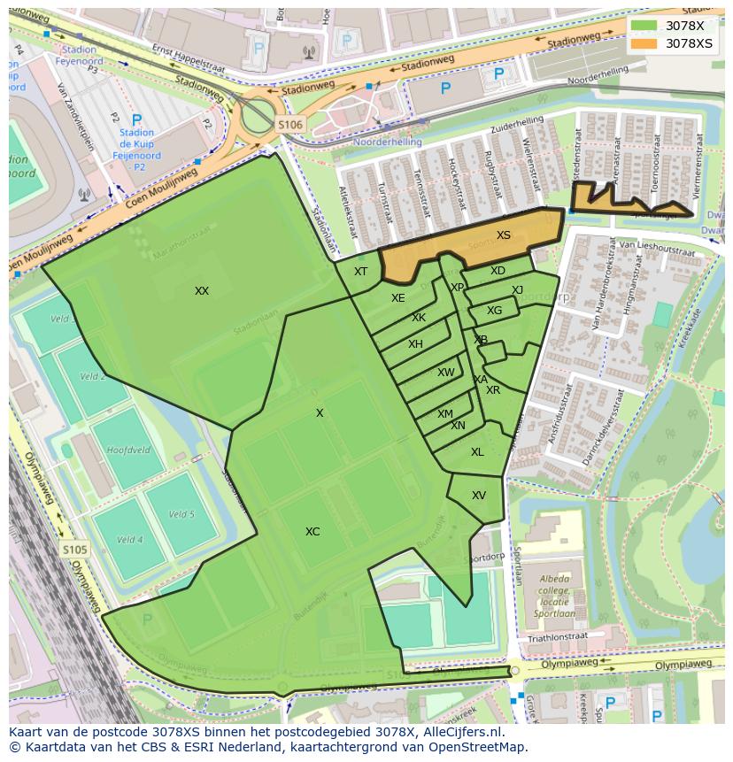 Afbeelding van het postcodegebied 3078 XS op de kaart.