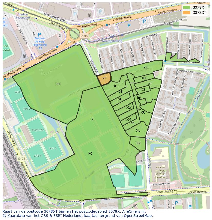 Afbeelding van het postcodegebied 3078 XT op de kaart.