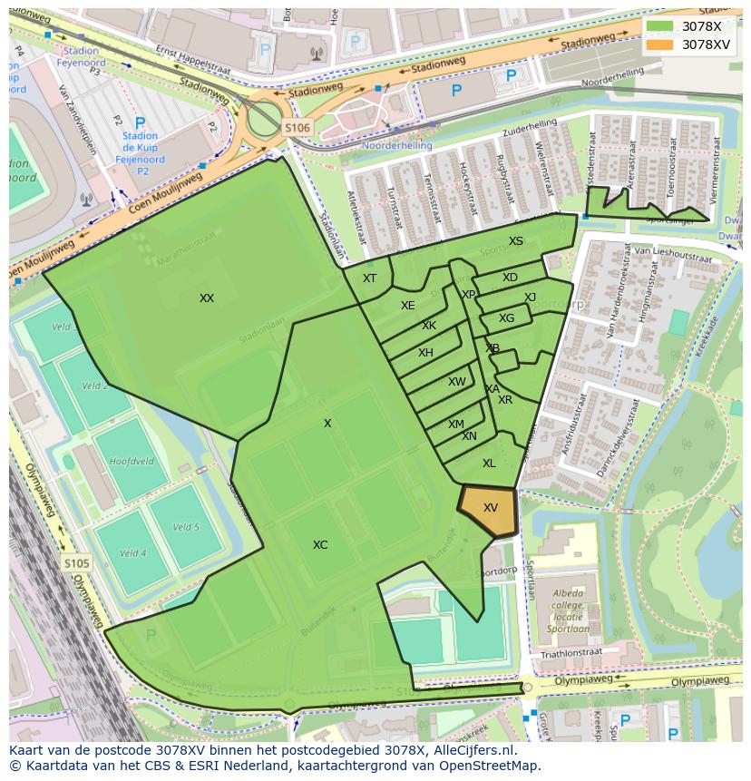Afbeelding van het postcodegebied 3078 XV op de kaart.