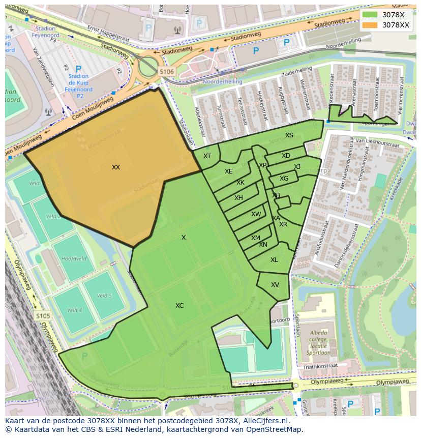 Afbeelding van het postcodegebied 3078 XX op de kaart.