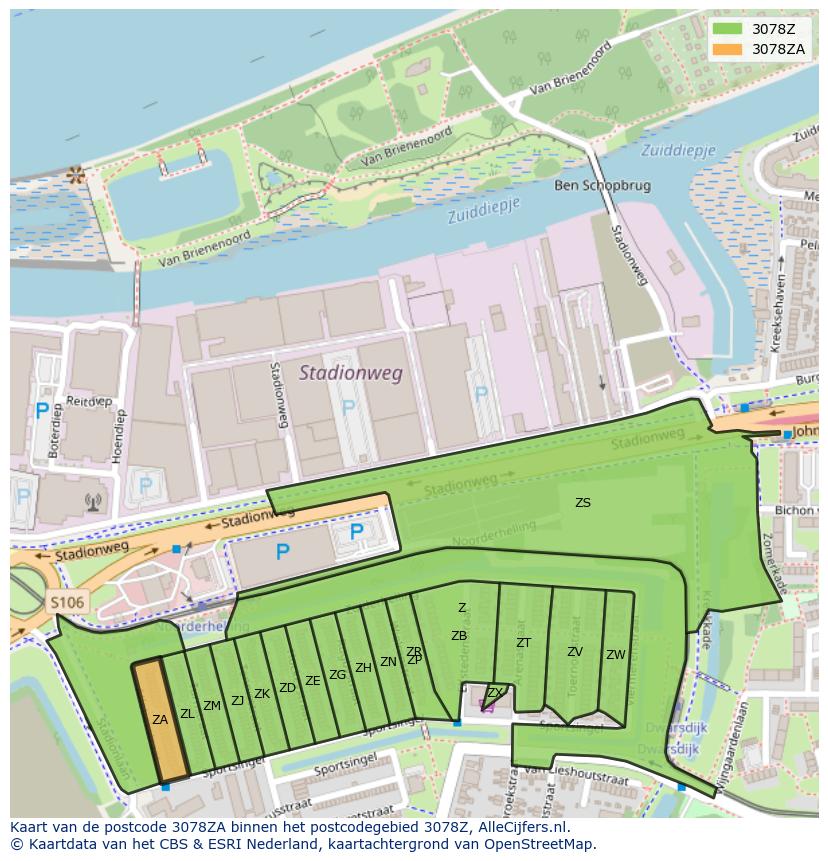 Afbeelding van het postcodegebied 3078 ZA op de kaart.