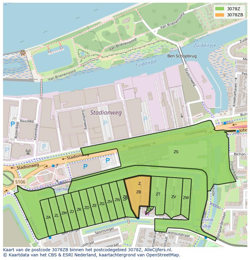 Afbeelding van het postcodegebied 3078 ZB op de kaart.