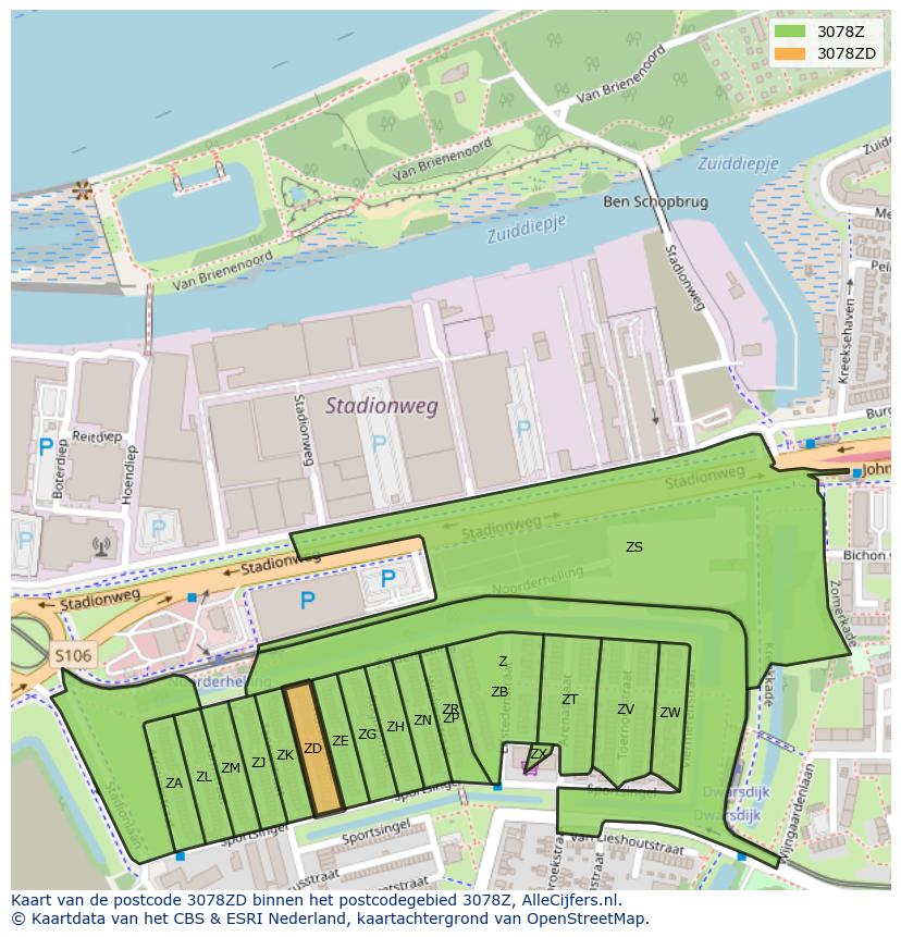 Afbeelding van het postcodegebied 3078 ZD op de kaart.
