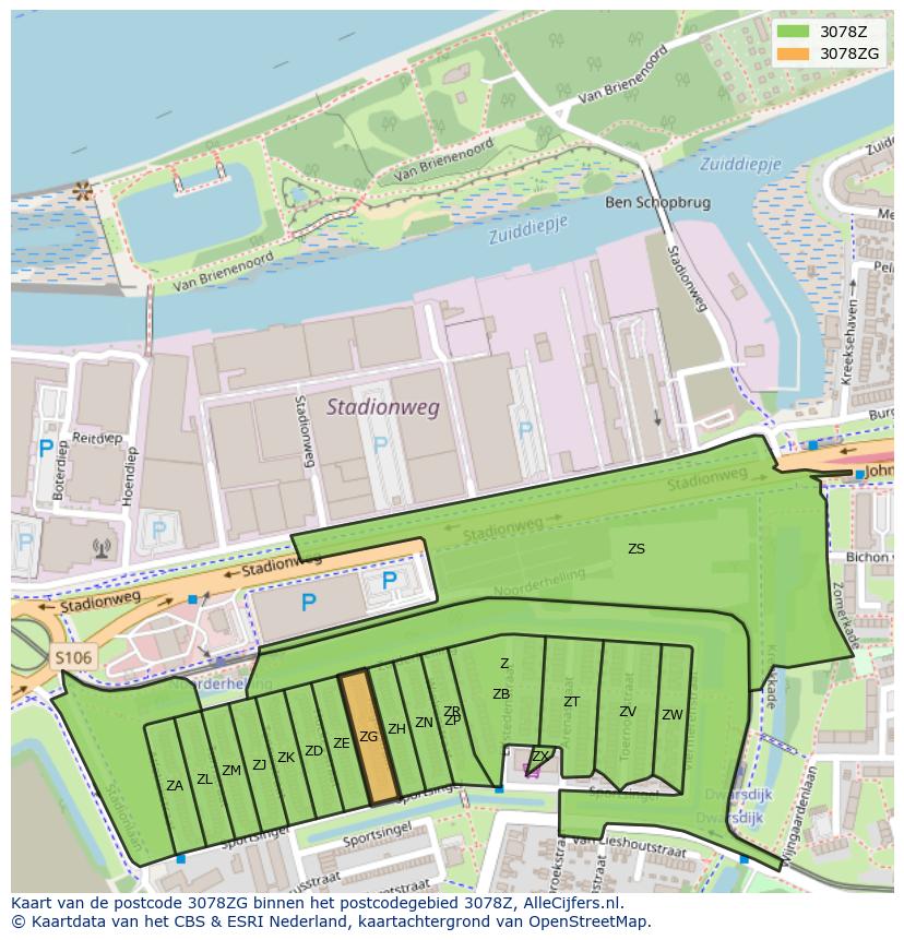 Afbeelding van het postcodegebied 3078 ZG op de kaart.