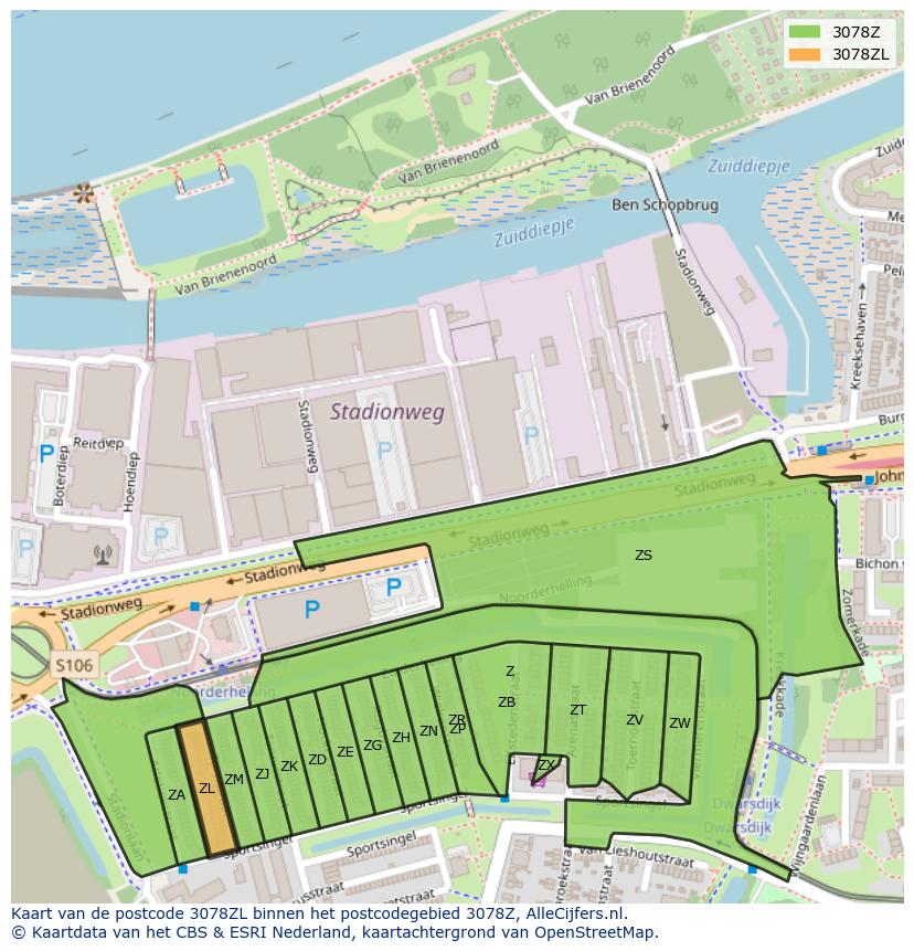 Afbeelding van het postcodegebied 3078 ZL op de kaart.