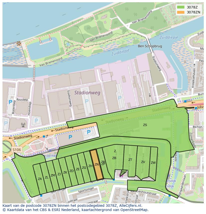 Afbeelding van het postcodegebied 3078 ZN op de kaart.