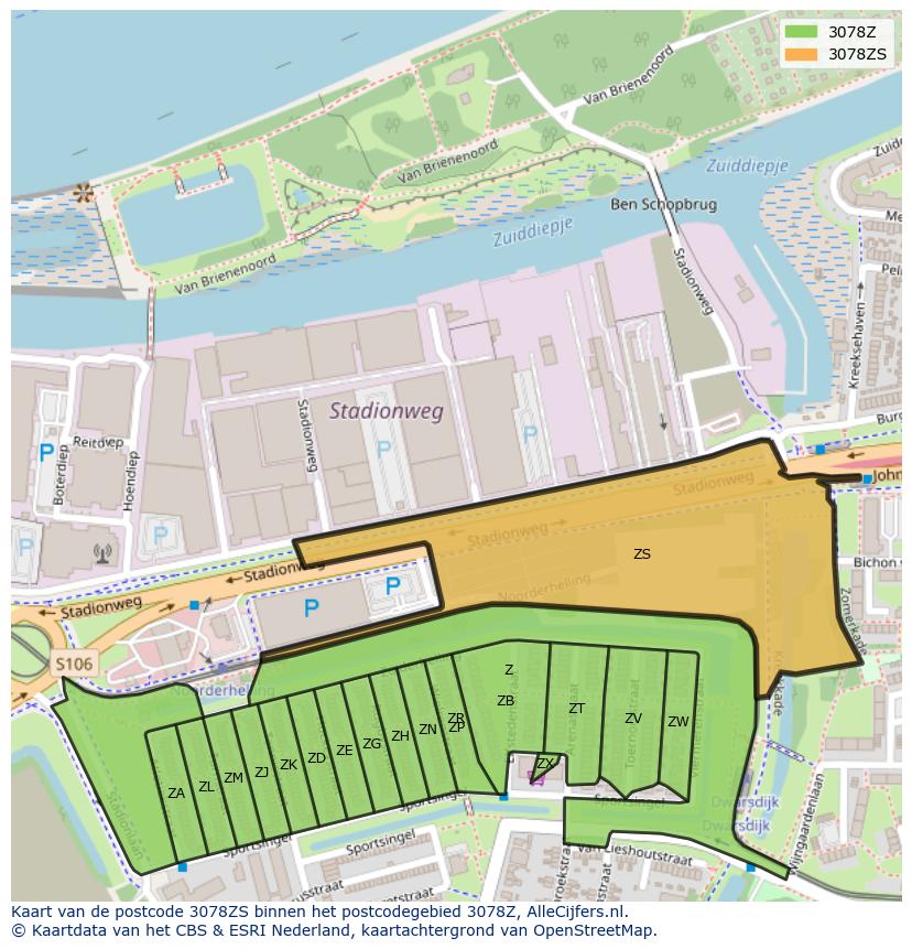 Afbeelding van het postcodegebied 3078 ZS op de kaart.