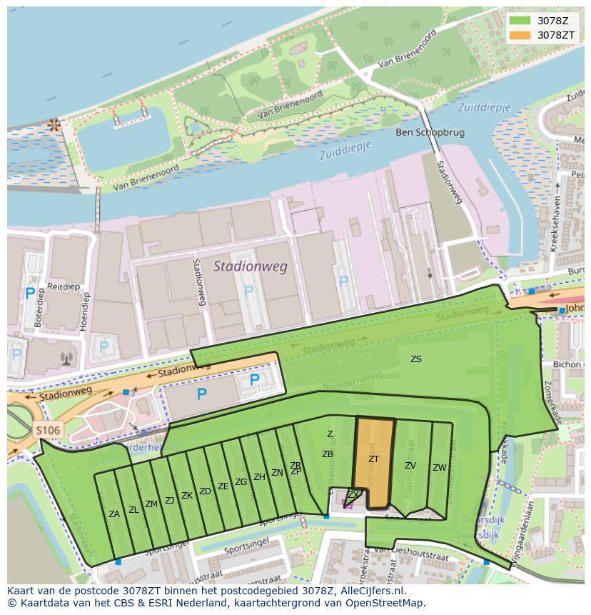 Afbeelding van het postcodegebied 3078 ZT op de kaart.